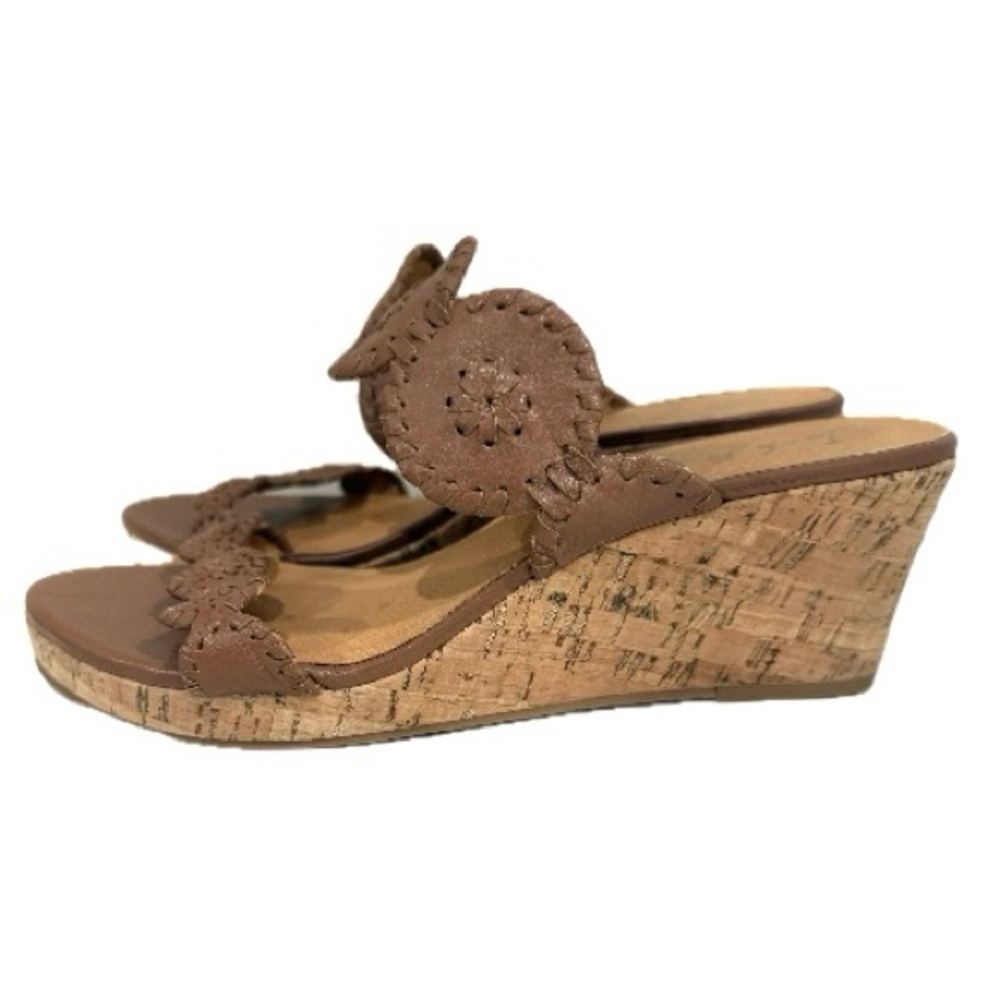 Jack Rodgers, Lauren Leather Midi Wedge Brown Wedge Sandals, Size 9